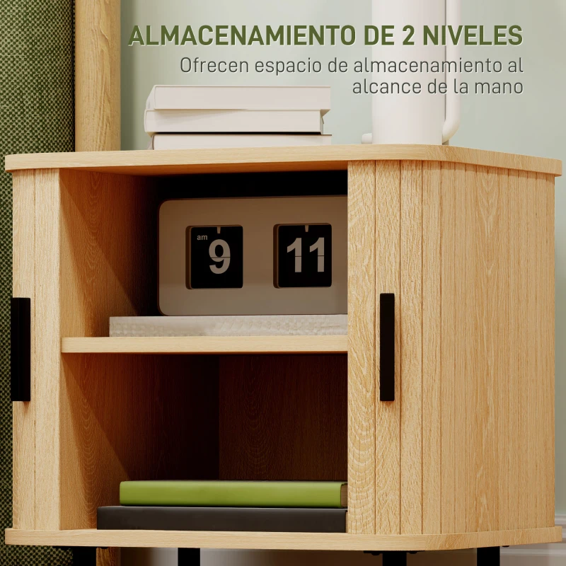 HOMCOM Mesita de Noche para Dormitorio con Puertas Correderas 2 Estantes y Patas de Acero Estilo Escandinavo 48x40x48 cm Roble