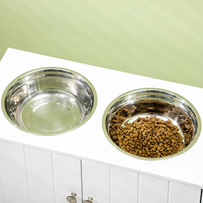 PawHut Comedouro Elevado para Cães Grandes com 2 Tigelas de 2000ml de Aço Inoxidável 2 Portas e Armazenamento 60x30x35,5cm Branco