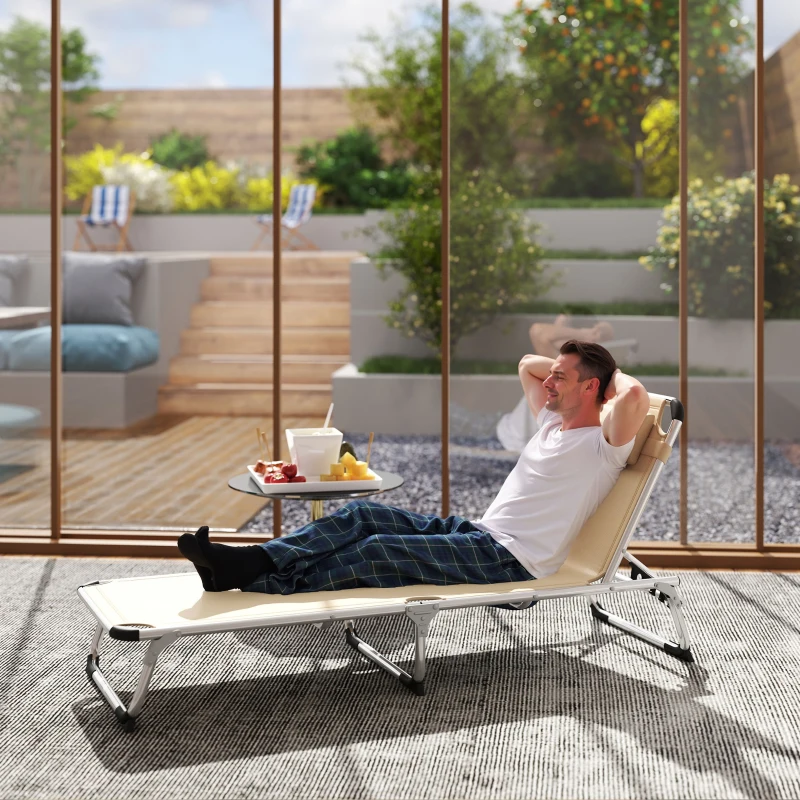 Outsunny Bain de soleil, chaise longue pliante avec appuie-tête, dossier inclinable, aluminium et textilène, beige