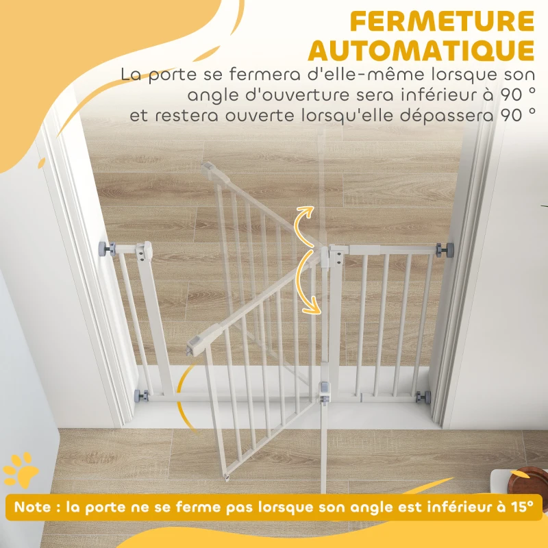 PawHut Barrière de sécurité sans perçage largueur réglable 74-80 / 91,5-97,5 cm double verrouillage fermeture automatique barrière chien pour porte couloir escalier acier blanc