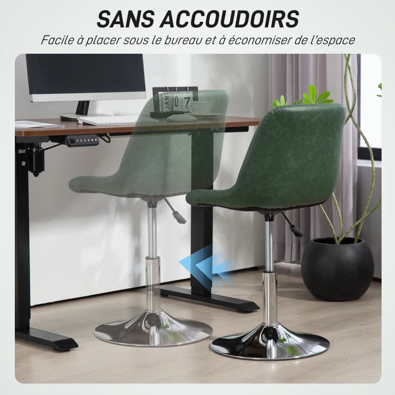 HOMCOM Chaise de bureau sans roulettes et accoudoirs, pivotant avec base en acier, hauteur réglable, en cuir synthétique, vert