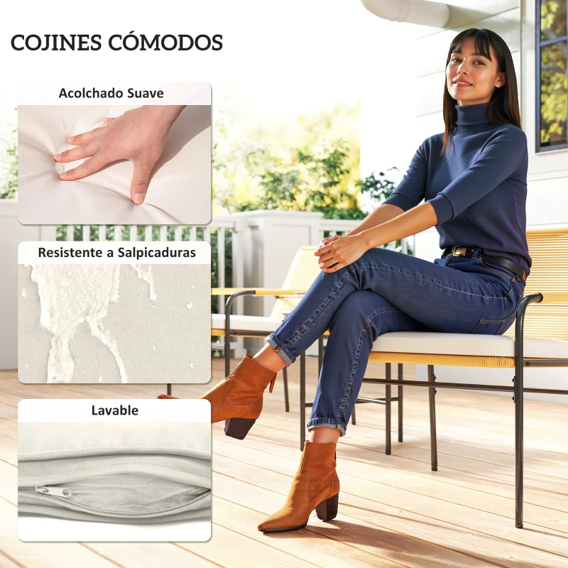 Outsunny Conjunto de Muebles de Jardín de Ratán Sintético con 2 Sillas con Cojines Extraíbles y Mesa con Tablero de Metal Natural