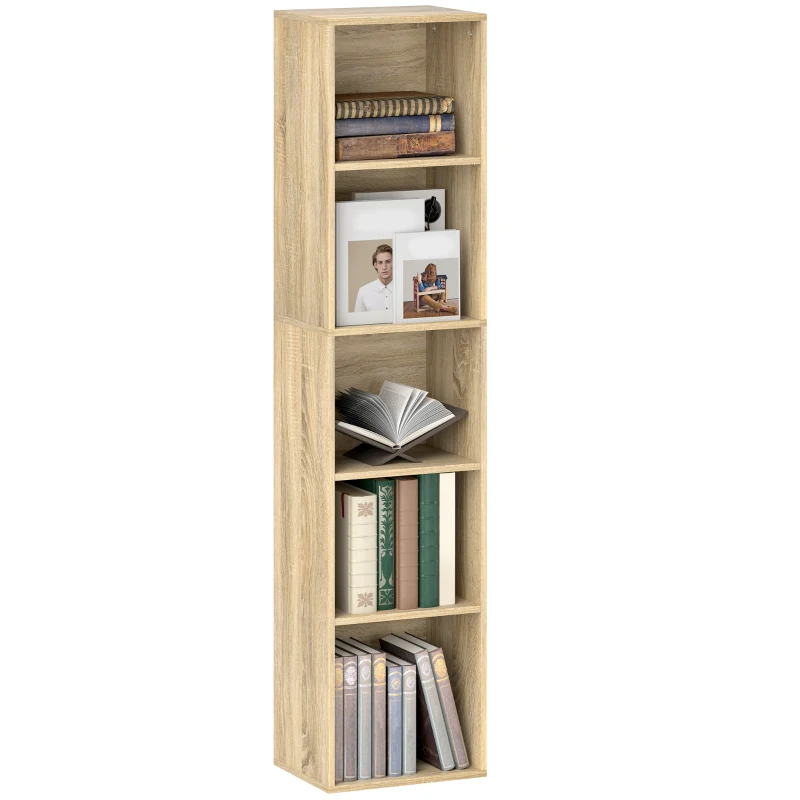 HOMCOM Bücherregal Aufbewahrungsregal 5 Ebenen mit verstellbaren Regalen für Wohnzimmer, Schlafzimmer, Büro, 30x24x133,5cm, Naturholz