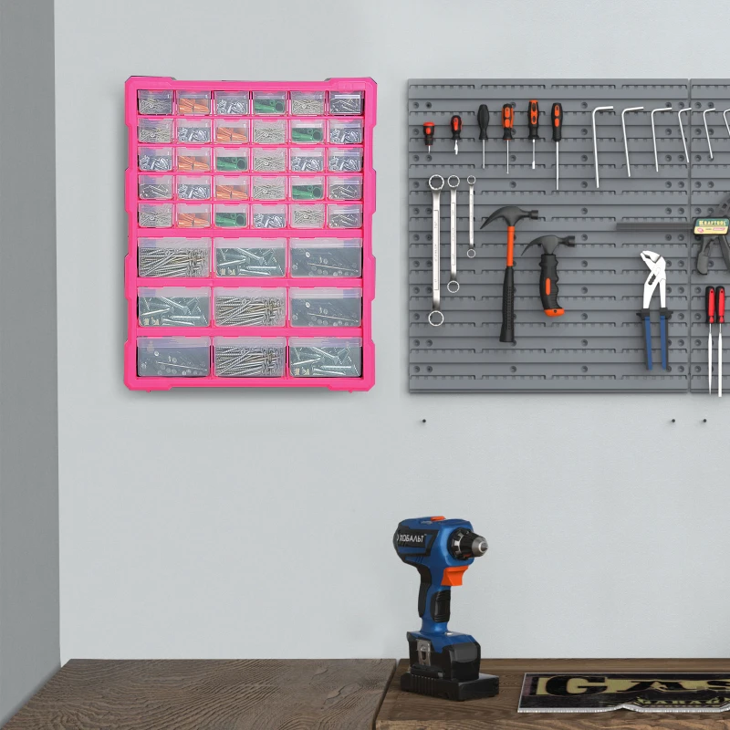 DURHAND Kunststoff-Schubladenbox für Kleinteile mit 39 transparenten Schubladen, Wand- oder Bodenmontage 38x16x47,5 cm Rosa