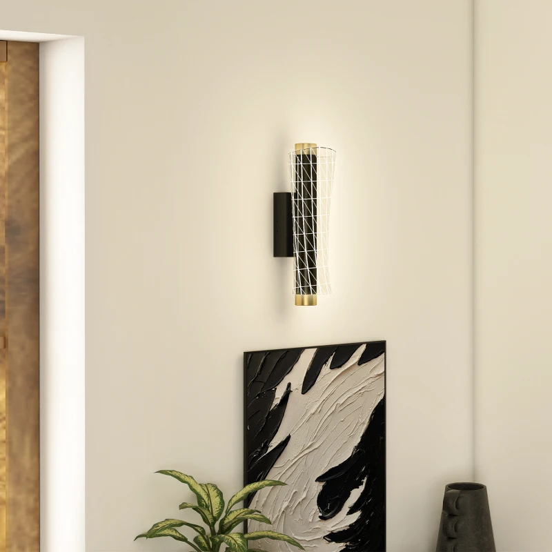 HOMCOM Wandleuchte Innen Wandlampe mit LED Lichte, Gitterdesign, Dimmbar Nachttischlampe Metall, Schwarz