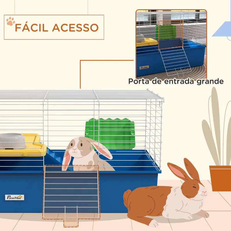 PawHut Gaiola para Visons com Bandeja Gaiola para Animais Pequenos com Plataforma Rampa Comedouro e Bebedouro 71x46x47 cm Branco e Azul