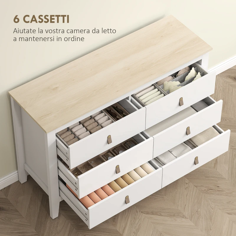 HOMCOM Cassettiera per Camera da Letto a 6 Cassetti con Maniglie in Finta Pelle, 120x40x78 cm, Bianco