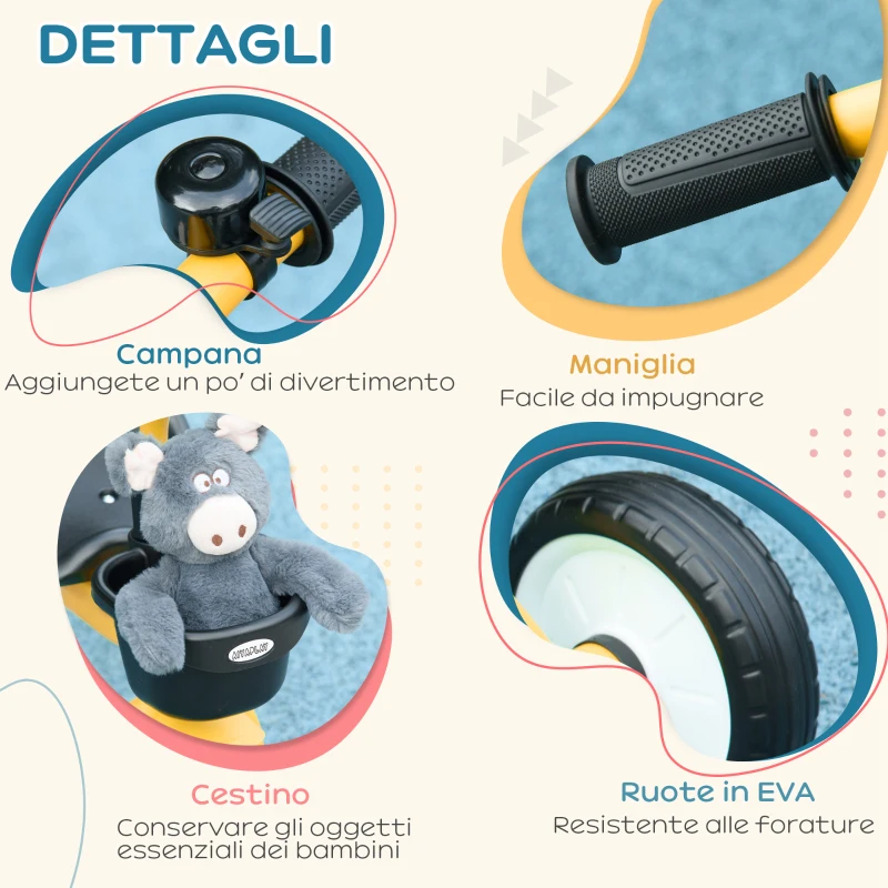 AIYAPLAY Triciclo per Bambini da 2-5 Anni con Seduta Regolabile e Campanello, 70.5x50x58cm, Giallo