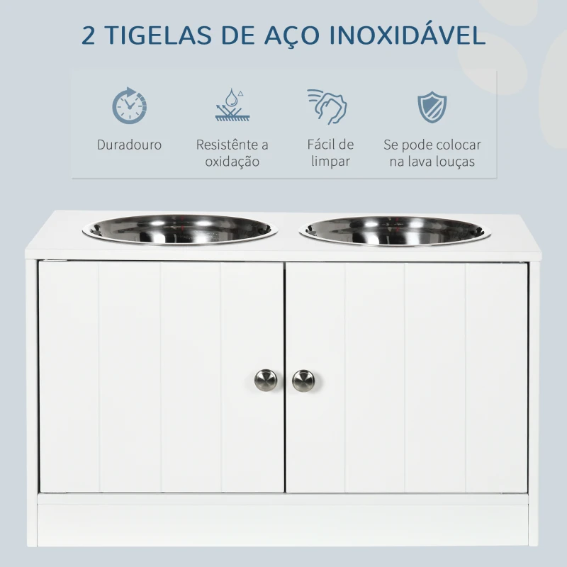 PawHut Comedouro Elevado para Cães Grandes com 2 Tigelas de 2000ml de Aço Inoxidável 2 Portas e Armazenamento 60x30x35,5cm Branco
