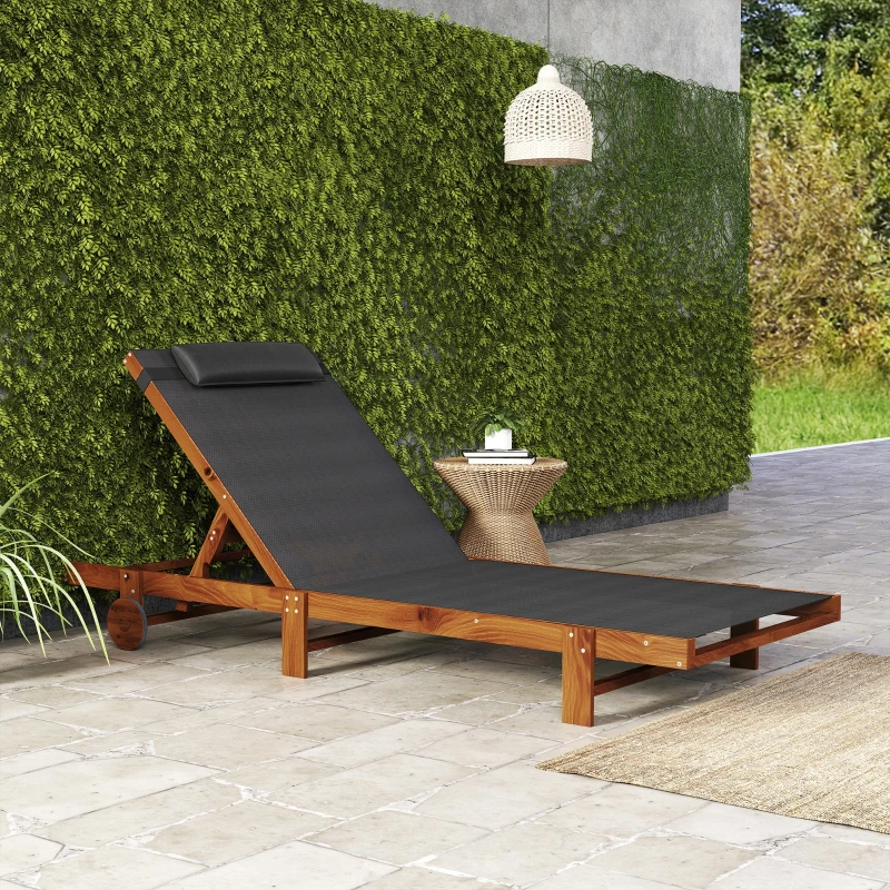 Outsunny Sonnenliegestuhl mit verstellbarer Rückenlehne in 4 Positionen Rädern und Kopfstütze, Schwarz