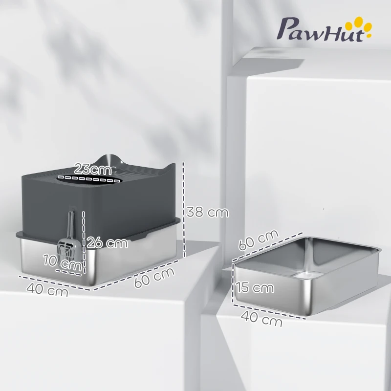 PawHut Stainless Steel Cat Litter Tray, Extra Large Enclosed Litter Box with Scoop, Top Entrance, Non-slip Pads, Dark Grey