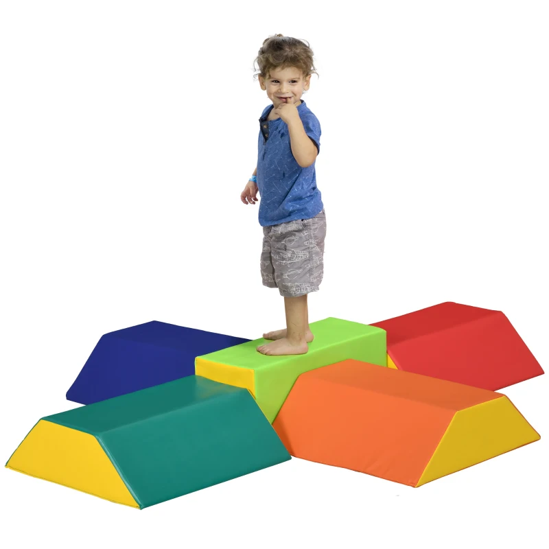 HOMCOM Set Weiche Bausteine für Kinder mit 5 rechteckigen und trapezförmigen Blöcken, aus PU und EPE, 48,3x19,1x48,3 cm, Multicolor