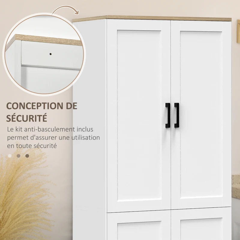 HOMCOM Armoire de cuisine hauteur 170 cm buffet haut avec 4 portes et étagères ajustable, design moderne, blanc
