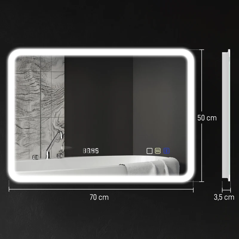 HOMCOM Badezimmerspiegel mit LED-Licht 70x50 cm mit Bluetooth 3 Lichtfarben Digitaluhr Anti-Beschlag-Funktion Speicherfunktion