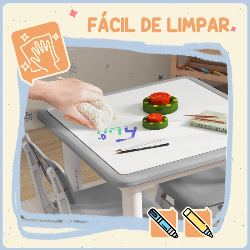 AIYAPLAY Mesa e Cadeiras para Crianças de 3 Peças com Altura Ajustável para Sala de Jogos Quarto Escola Infantil Branco e Cinza