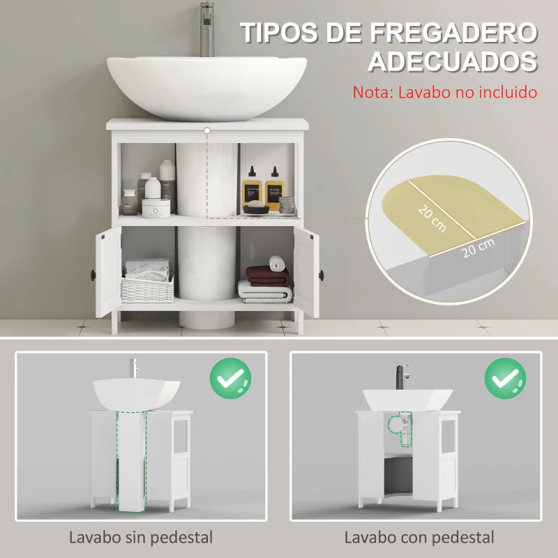 kleankin Mueble para Debajo del Lavabo con 2 Puertas y Estante Abierto Mueble para Lavabo con Pie 60x30x60 cm Blanco