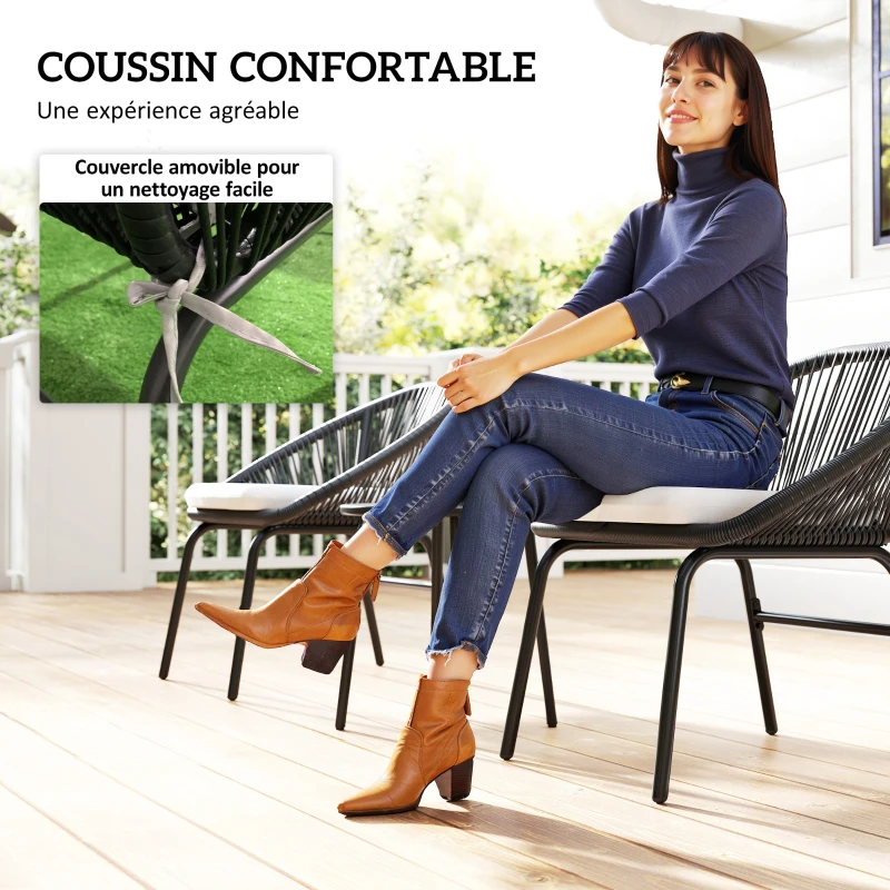Outsunny Ensemble salon de jardin pour 2 personnes avec coussins d'assise moelleux avec corde en résine tressée et acier époxy