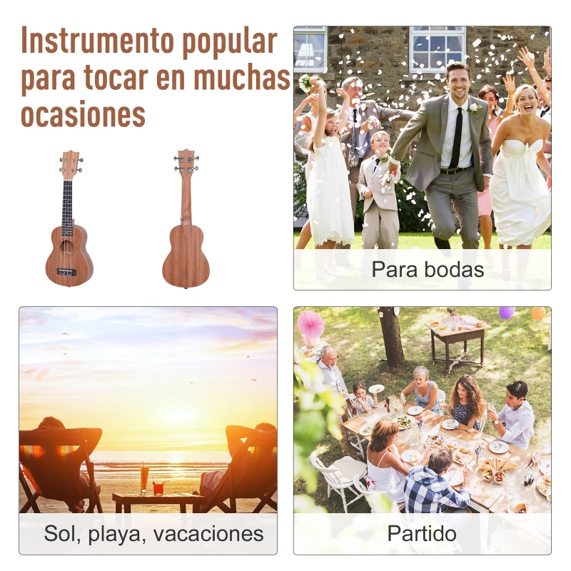 HOMCOM Ukelele Soprano para Principiantes con 4 Cuerdas de Nylon Ajustables Juguete educativo 53x17,5x6,2cm Madera