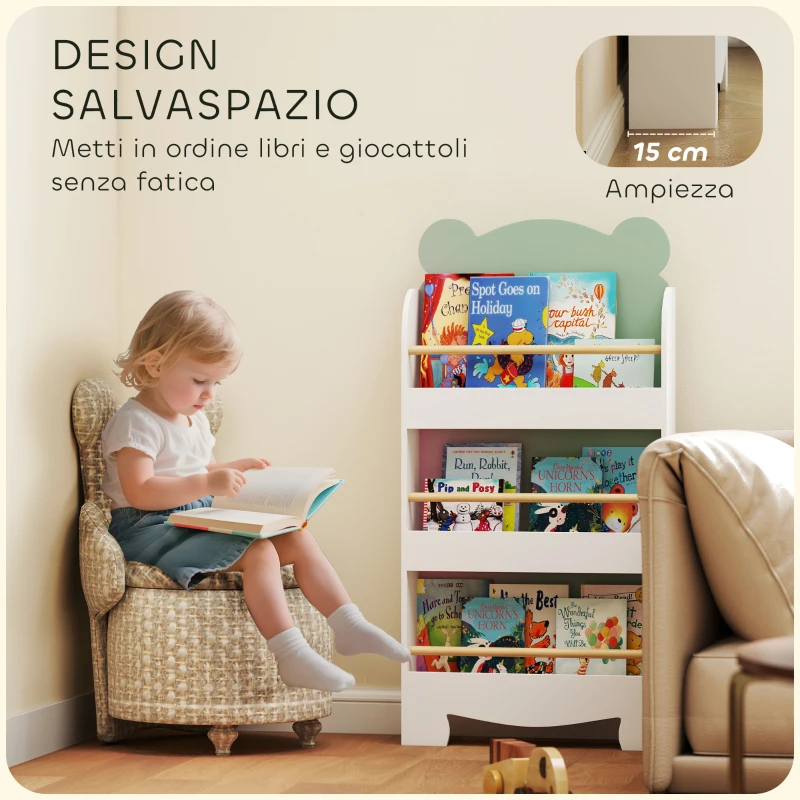 AIYAPLAY Libreria per Bambini con 3 Ripiani a Forma di Orsetto con Barriere Frontali, 55x15x110 cm, Verde