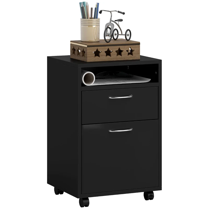 HOMCOM Caisson de bureau rangement bureau sur roulettes tiroir placard niche panneaux particules noir