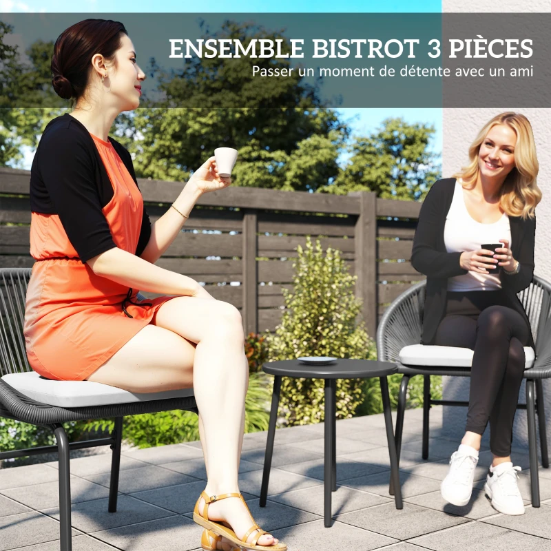 Outsunny Ensemble salon de jardin pour 2 personnes avec coussins d'assise moelleux avec corde en résine tressée et acier époxy