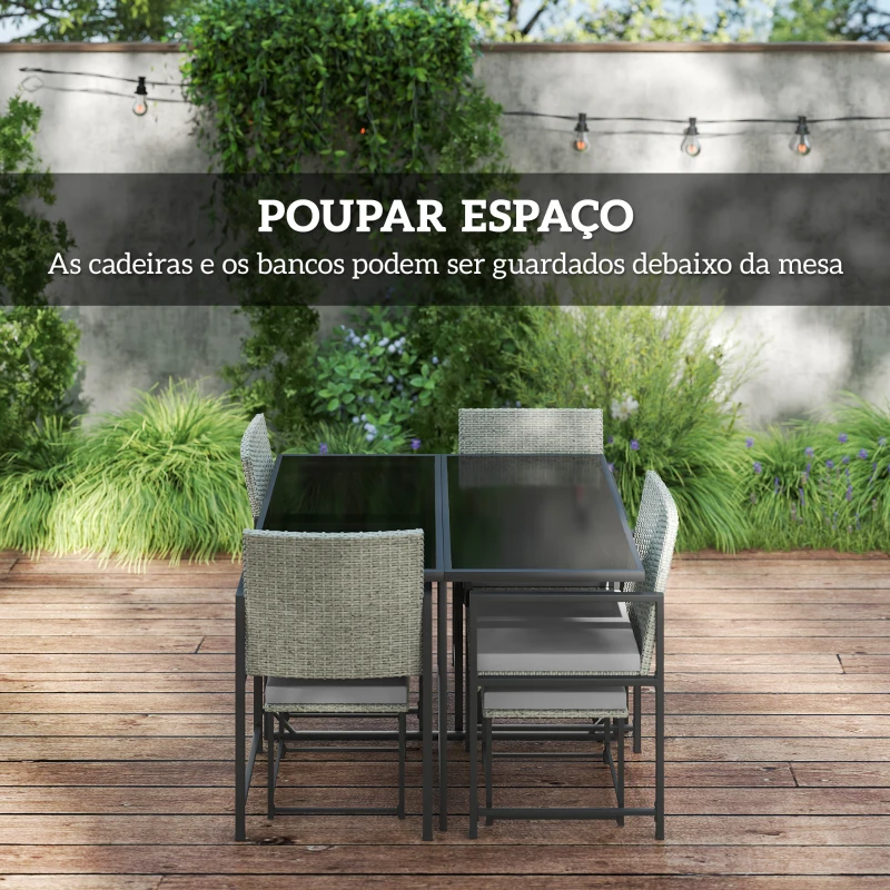 Outsunny Conjunto de Móveis de Jardim de Vime de 9 Peças com Mesa com Vidro Temperado 4 Cadeiras 4 Bancos Cinzento