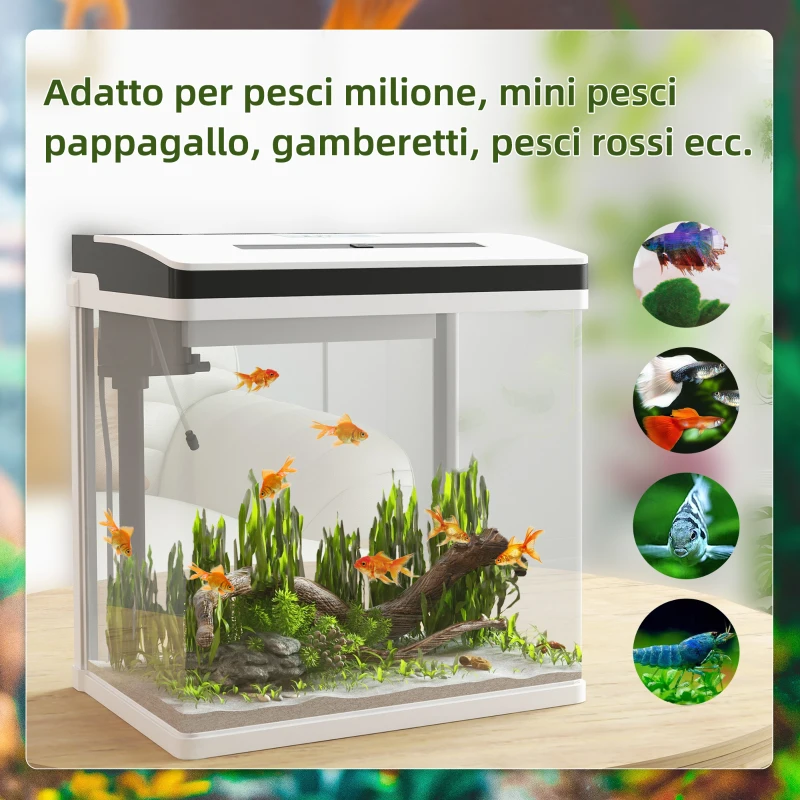 PawHut Acquario 28L a Illuminazione LED con Fori di Ventilazione e Pompa, in Vetro e ABS, 38x26x38cm