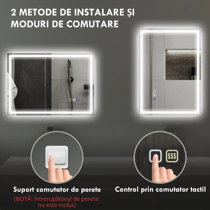 HOMCOM Oglindă Baie Antiaburire cu Lumină LED și Difuzor Bluetooth 50x70 cm