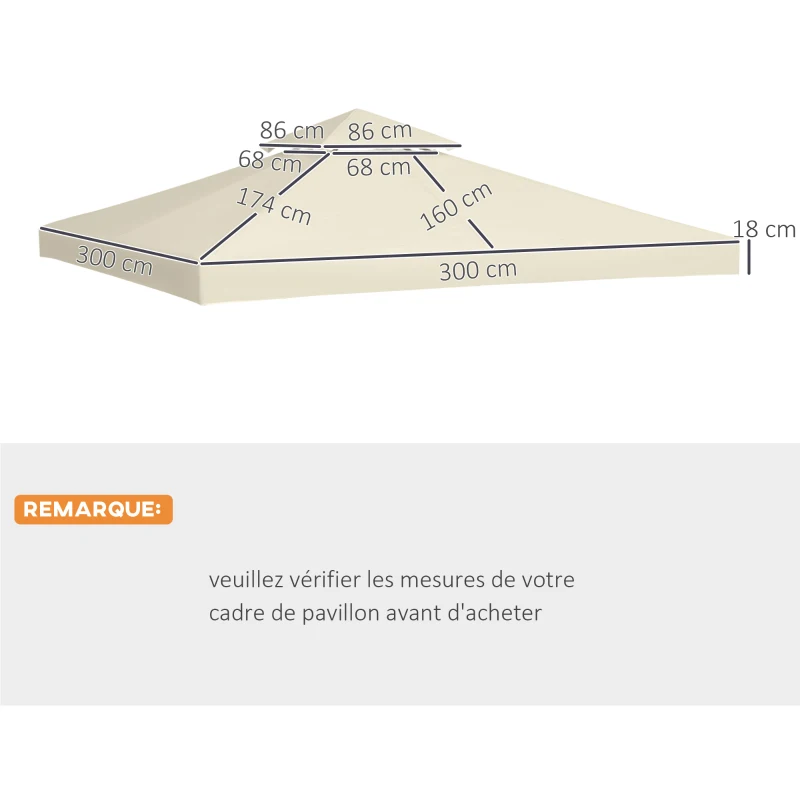 Outsunny Toit de Remplacement pour Gazebo de Jardin Toile de Rechange pour pavillon tonnelle Tente 3 x 3 m Crème