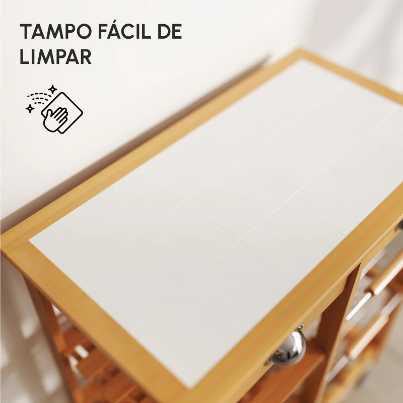 HOMCOM Carrinho de Cozinha Multifuncional Carrinho Auxiliar de Madeira com Grande Espaço de Armazenamento Gavetas Cestas Prateleiras 4 Rodas 74x37x76 cm Madeira