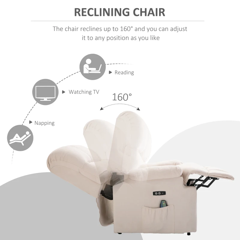 HOMCOM massagestoel opstahulp relaxstoel met verwarmingsfunctie USB-afstandsbediening kort pluche crème 83 x 95 x 105 cm