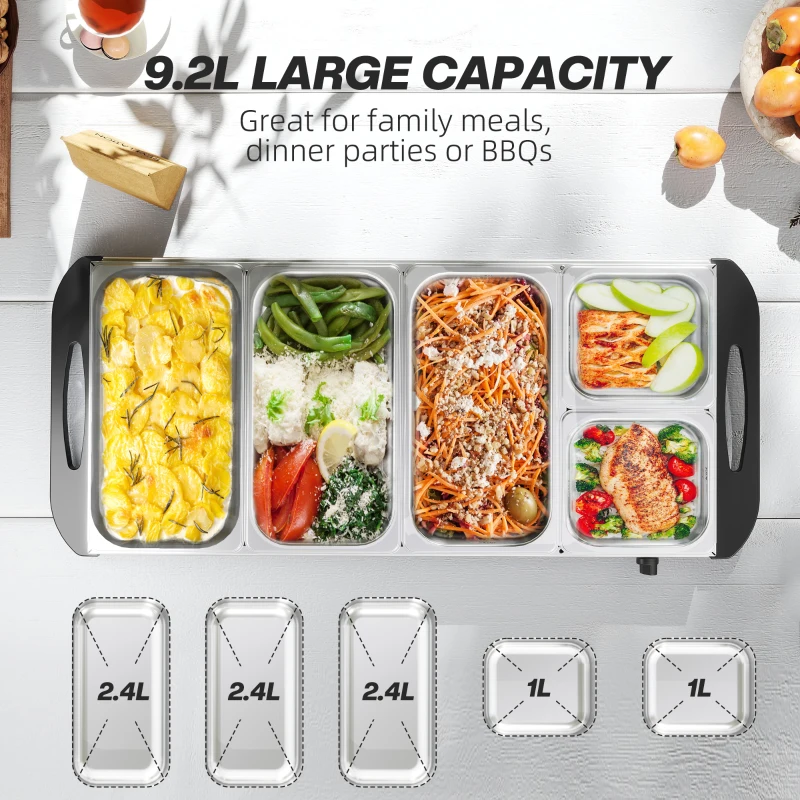 HOMCOM Electric Food Warmer 5 Tray, 9.2L Portable Buffet Server and Warming Tray with Lids, Adjustable Temperature Control and Cool Touch Handles, 450W, 3 x 2.4L and 2 x 1L, Silver Tone