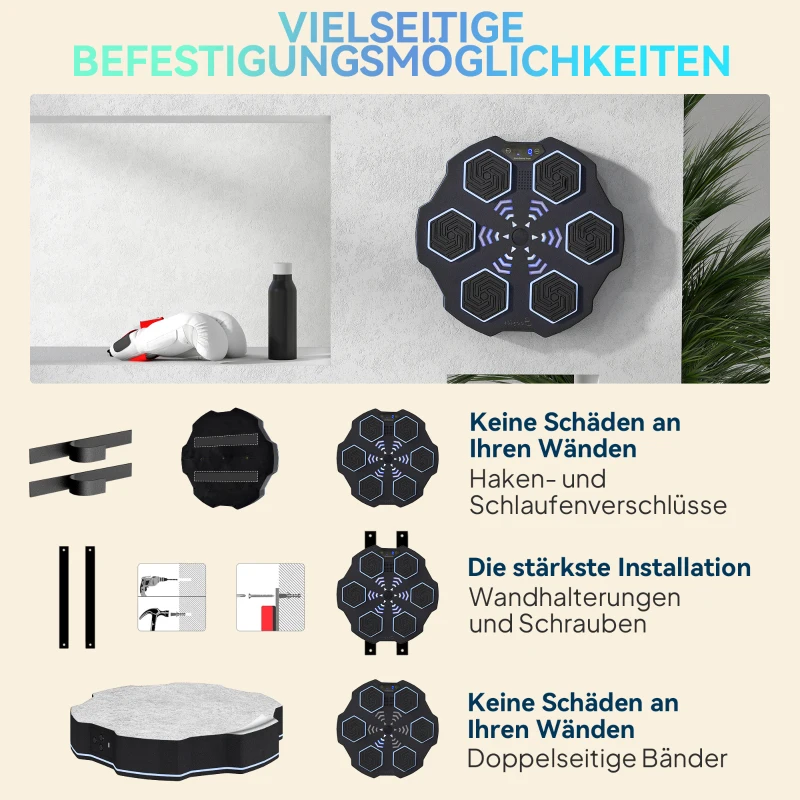 SPORTNOW Maszyna Bokserska z Muzyką, Urządzenie Bluetooth do Boksu, Montaż ścienny, 9 Prędkości i Trybów, Światła LED, Czarna