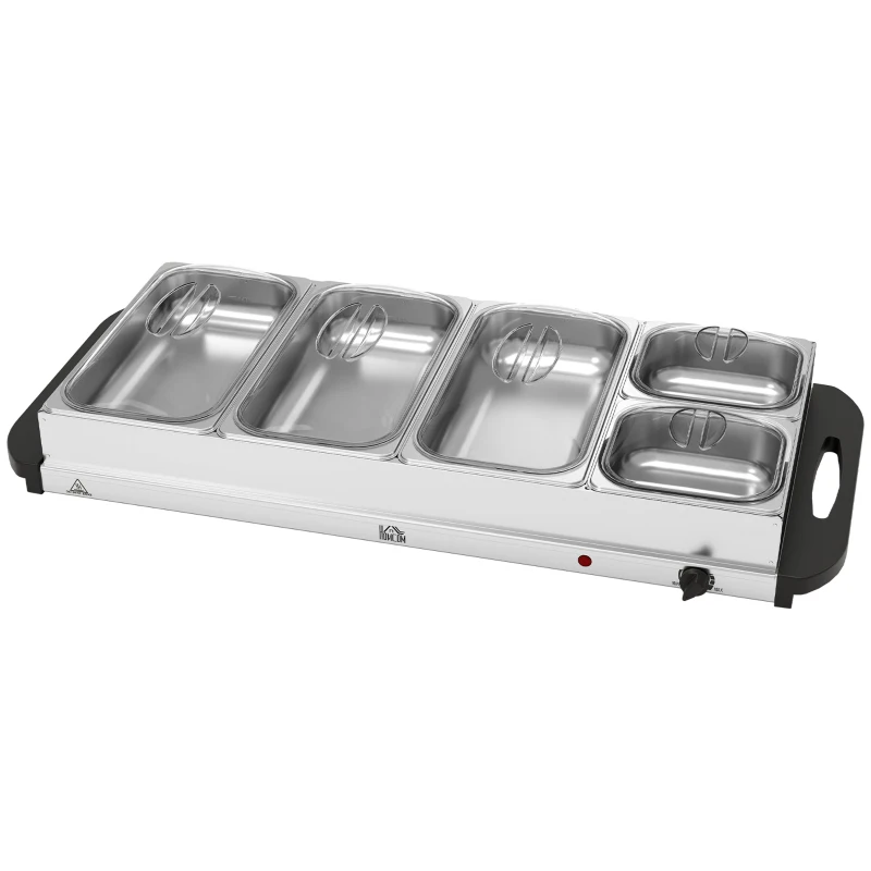HOMCOM Electric Food Warmer 5 Tray, 9.2L Portable Buffet Server and Warming Tray with Lids, Adjustable Temperature Control and Cool Touch Handles, 450W, 3 x 2.4L and 2 x 1L, Silver Tone