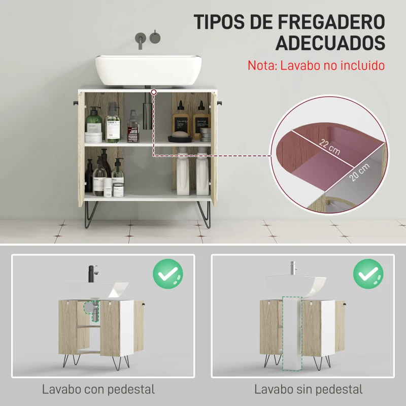 kleankin Mueble para Debajo del Lavabo Armario Bajo con 2 Puertas Estante y Patas de Acero 60x30x60 cm Roble y Blanco