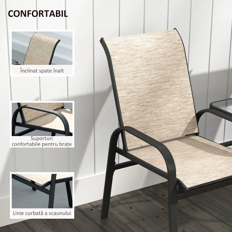 Outsunny Bancă de Grădină cu 2 Locuri și Masă Centrală din Sticlă, Maro și Negru