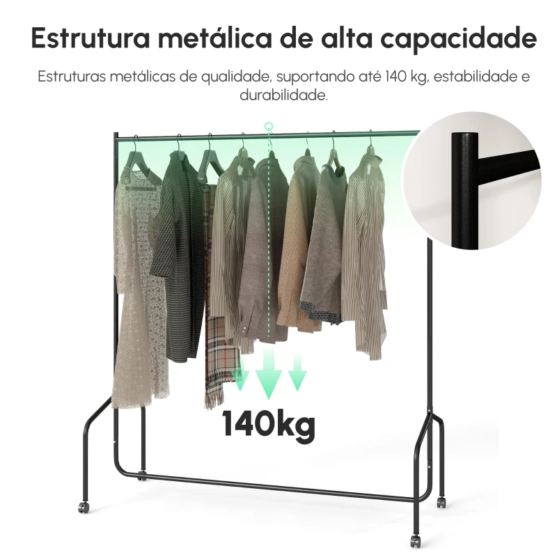 HOMCOM Charriot com Rodas 150x60x170 cm Organizador de Roupas com Rodas para Dormitório Entrada Corredor Preto