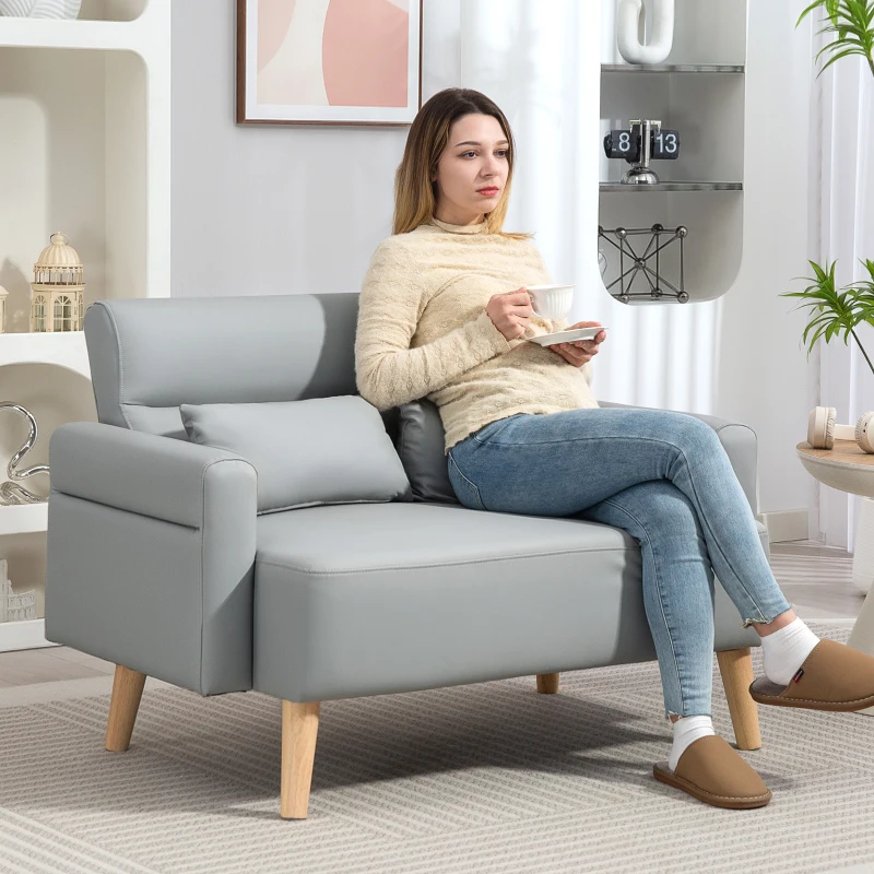 HOMCOM Sofá de 2 Plazas con Tapizado de Cuero Sintético Acolchado Grueso y Patas de Madera para Salón 117x78x78 cm Gris