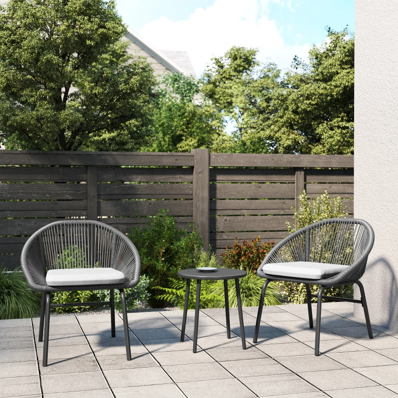 Outsunny Ensemble salon de jardin pour 2 personnes avec coussins d'assise moelleux avec corde en résine tressée et acier époxy