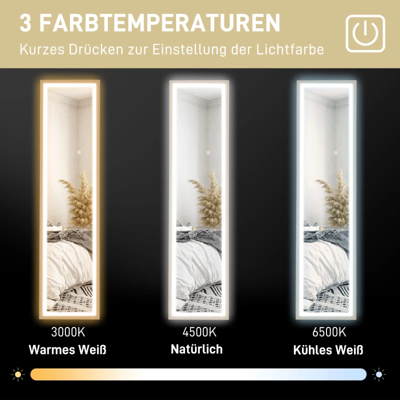 HOMCOM LED Full-Body Spiegel, 40 x 160 cm, Touch-Bediening, Dimbaar, 3 Kleuren, Eiken