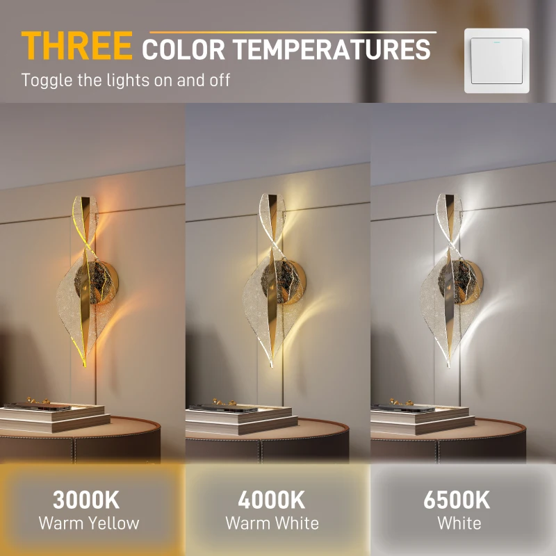 HOMCOM Led Wall Lamp 2 Pack, 13W Modern Indoor Spiral Wall Light, Colour Temperature Adjustable 3000K/4000K/6500K, for Bedroom, Living Room, Hallway, Stairs, Gold Tone