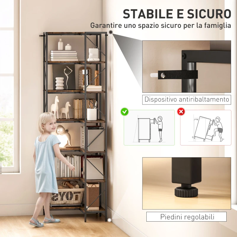 HOMCOM Libreria Angolare Industriale a 7 Livelli, in Legno e Acciaio, 60x60x198 cm, Marrone Rustico