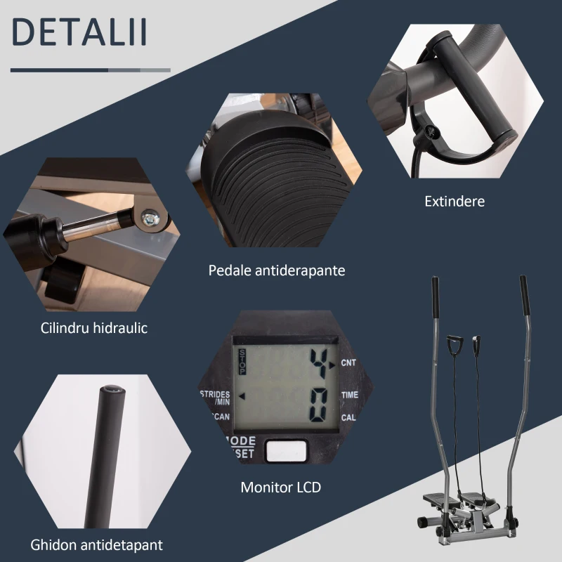 HOMCOM Stepper Fitness cu Maner, Bante Elastice, LCD, Oțel/ABS, Argintiu-Negru