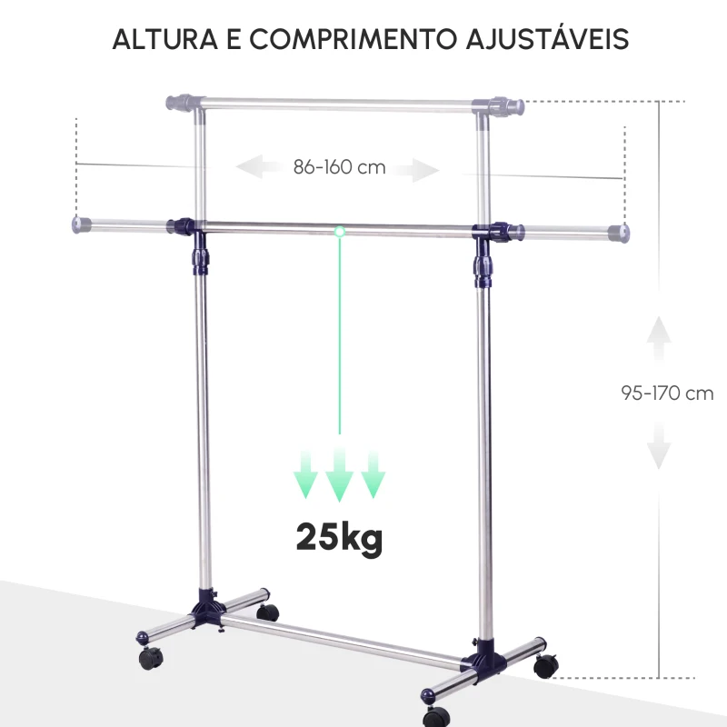 HOMCOM Charriot com Altura Ajustável Cabideiro com Rodas para Roupas Aço Inoxidável 86-160x45x95-170cm Prata e Preto