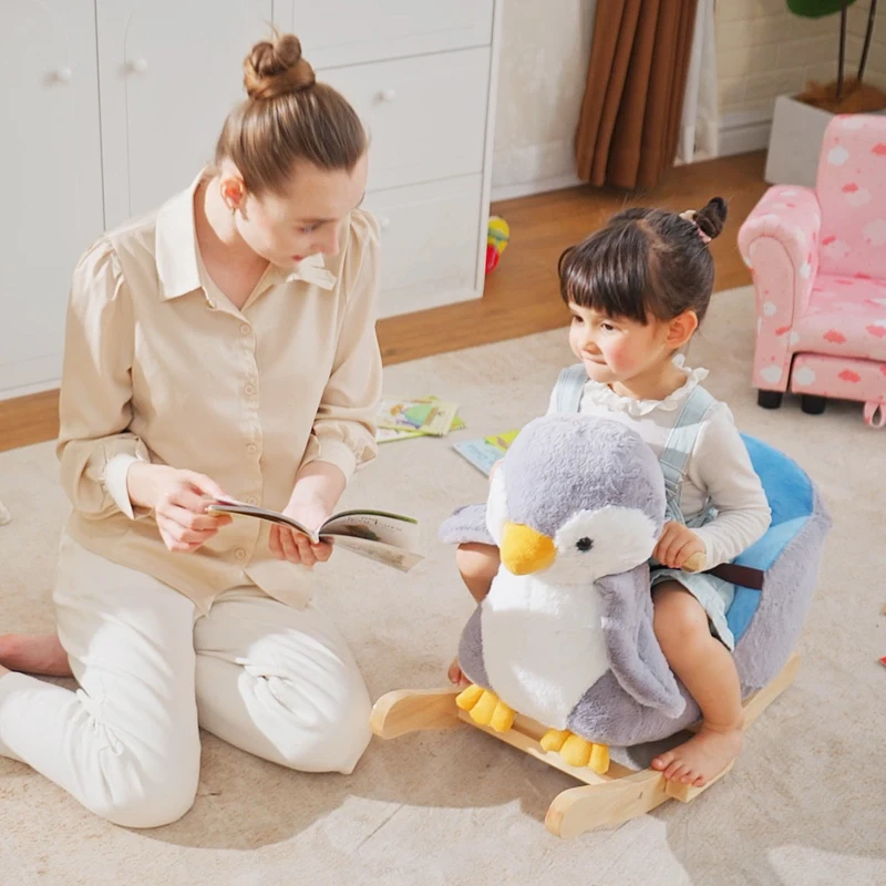 HOMCOM Caballito Balancín para Bebés +18 Meses Forma de Pingüino Caballo Balancín de Madera Músicas Infantiles 60x33x50 cm Gris