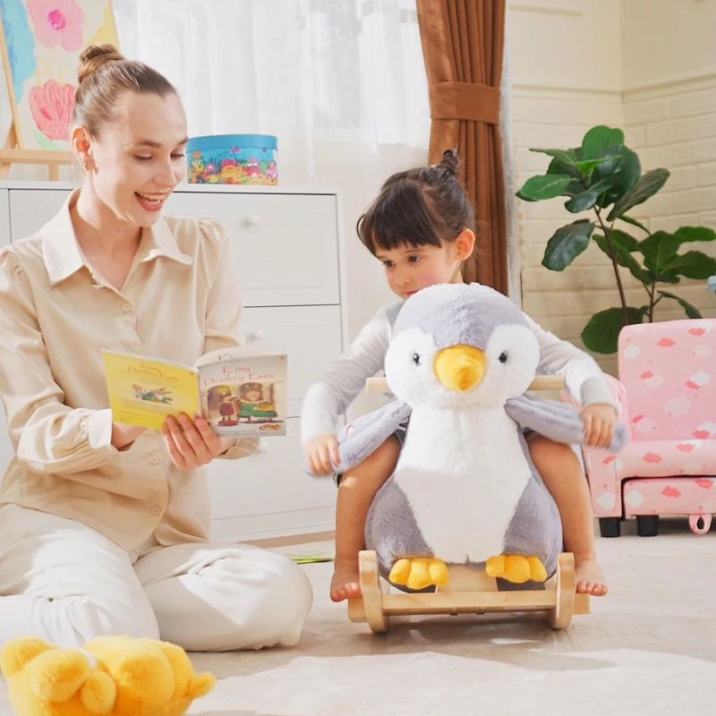 HOMCOM Balansoar Pinguin din Pluș cu Melodii și Centură de Siguranță, Balansoar pentru Copii, 60x33x50 cm, Gri