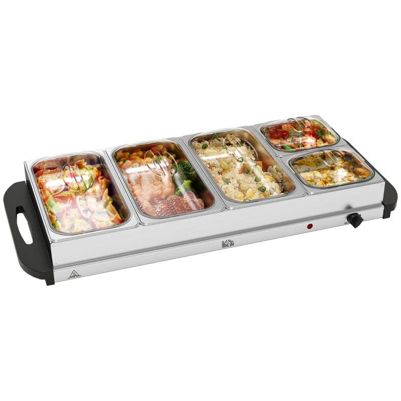 HOMCOM Electric Food Warmer 5 Tray, 9.2L Portable Buffet Server and Warming Tray with Lids, Adjustable Temperature Control and Cool Touch Handles, 450W, 3 x 2.4L and 2 x 1L, Silver Tone