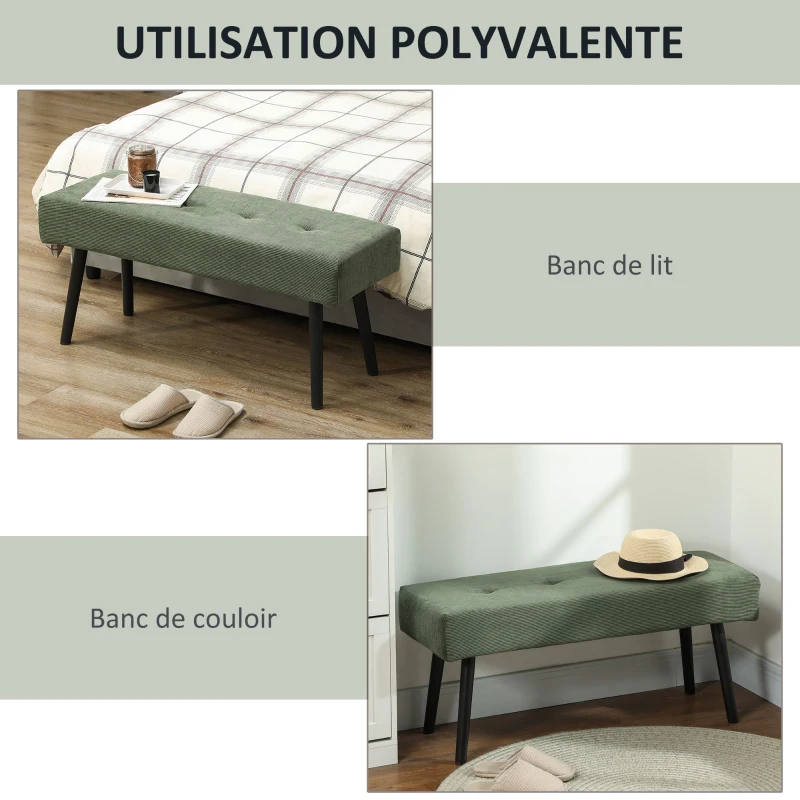 HOMCOM Banc banquette bout de lit rembourré en velours côtelé et pieds en acier noir charge 220 Kg 100 x 36 x 45 cm vert