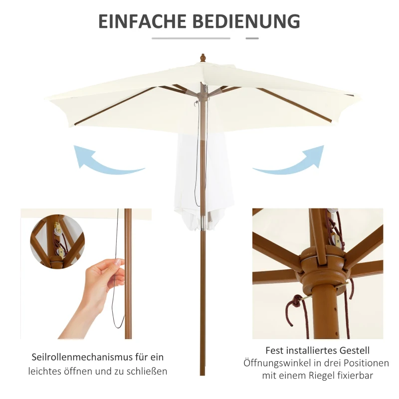 Outsunny Sonnenschirm Ø 250 cm, Sonnenschirm mit Seilzugmechanismus Balkonschirm Strandschirm aus Bambus windfest Marktschirm Sonnenschutz für Balkon Terrasse Garten, Weiß