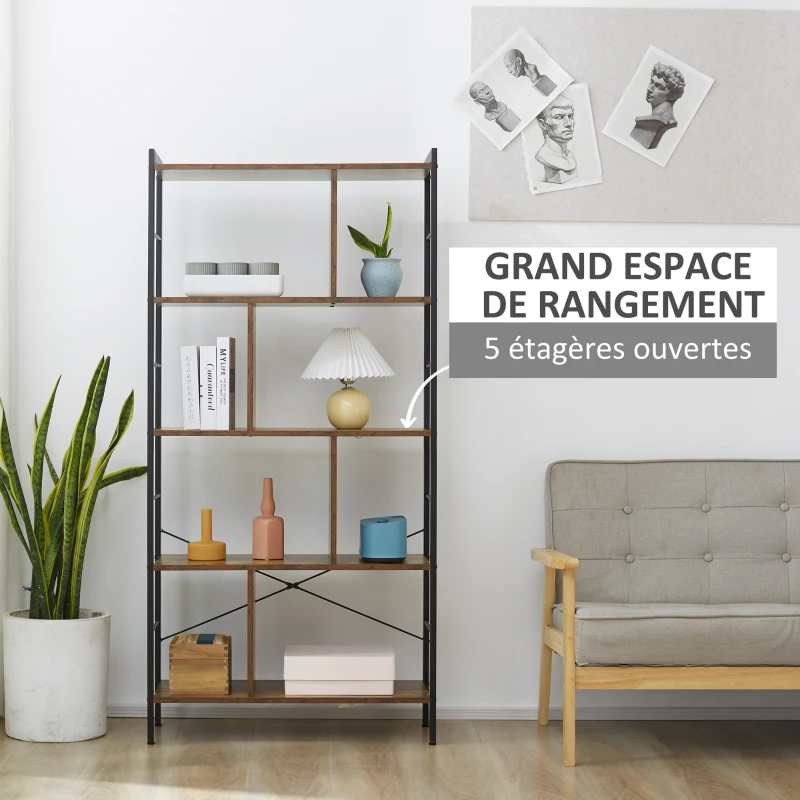 HOMCOM Bibliothèque étagère de rangement à 5 niveaux avec compartiments ouverts 74 x 30 x 157,5 cm brun rustique et noir